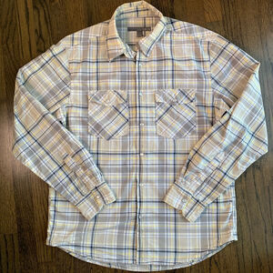 Old Navy Men's Plaid Pearl Snap Western Shirt Gray Yellow White Cotton Size M